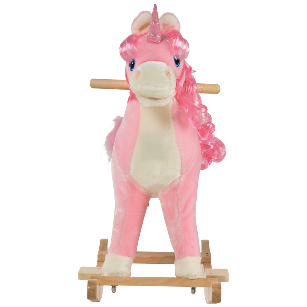 English Elm Qaba Plush Unicorn Rocking Horse with Solid Wood Base Wagging Tail and Fun Sounds W2225P229172