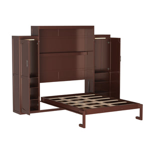 English Elm Queen Murphy Wall Bed Walnut Wooden Frame Dual Wardrobes Foldable Guest Room Storage N733S235627D