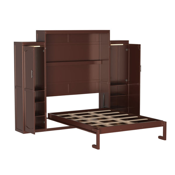 English Elm Queen Murphy Wall Bed Walnut Wooden Frame Dual Wardrobes Foldable Guest Room Storage N733S235627D