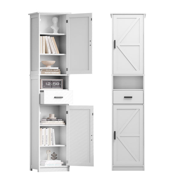 English Elm 69" Tall Bathroom Storage Cabinet with Barn Doors and Drawer, Slim 7-Shelf Floor Unit for Small Spaces White W3457P336681