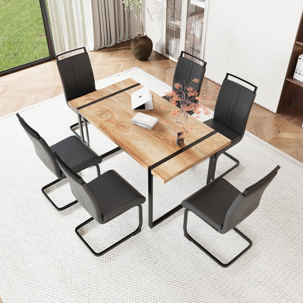 English Elm 59 Inch Industrial Farmhouse Dining Set with Mdf Table and Six Upholstered Chairs Wood W2189S00925