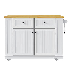 English Elm 48 Inch Rolling Kitchen Island Drop Leaf Prep Cart with Power Outlets and Open Shelving White N707S257057W