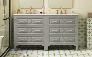 English Elm 60'' Freestanding Bathroom Vanity Set With Ceramic Sink, Gray Wood Frame & 3 Soft-Close Drawers N710SS00003E