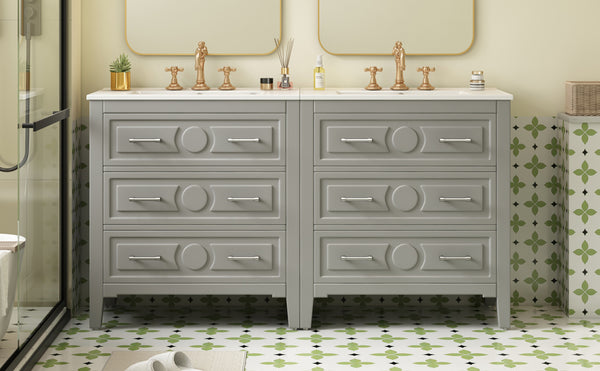 English Elm 60'' Freestanding Bathroom Vanity Set With Ceramic Sink, Gray Wood Frame & 3 Soft-Close Drawers N710SS00003E