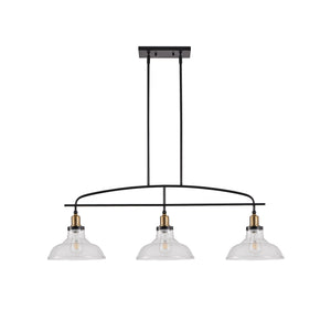 English Elm 45" Industrial 3-Light Pendant Chandelier with Clear Glass Shades, Black Metal, Adjustable Height, Modern Farmhouse Lighting for Kitchen Island and Dining Areas W1340P253586