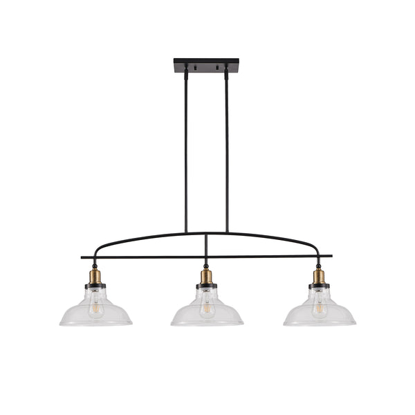 English Elm 45" Industrial 3-Light Pendant Chandelier with Clear Glass Shades, Black Metal, Adjustable Height, Modern Farmhouse Lighting for Kitchen Island and Dining Areas W1340P253586