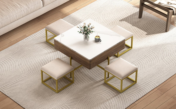 English Elm Modern Square Lift-Top Coffee Table Set with Hidden Storage, 4 Tuck-Away Ottomans, White Walnut Elegance CH192954AAK