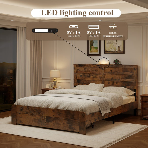 English Elm Full-size Storage Platform Bed Weathered Wood Usb Charging Headboard and Under Drawer W636P430758