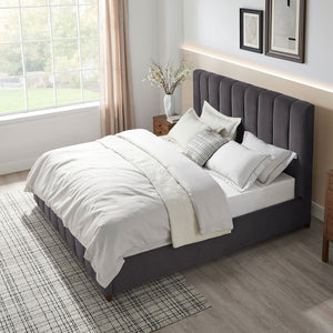 English Elm Queen Upholstered Platform Bed Frame with Padded Fabric Headboard, Rubber Plywood Slats, Dark Grey Finish W2582S00055