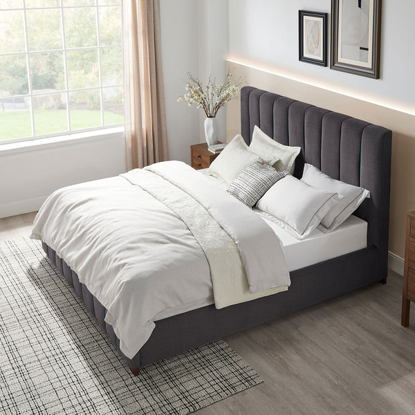 English Elm Queen Upholstered Platform Bed Frame with Padded Fabric Headboard, Rubber Plywood Slats, Dark Grey Finish W2582S00055