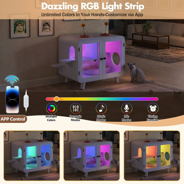 English Elm Cat Litter Box Enclosure Mdf Cabinet with Rgb Lighting Glass Doors and Play Loft White N704P419240K
