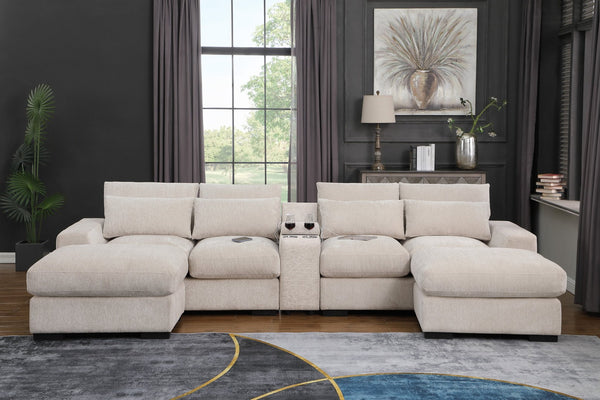 English Elm Nyeisha Flannel Velvet Sectional Sofa with Chaise Usb Ports and Built-in Console Beige B102S00076