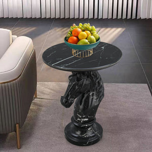 English Elm Horse Head Sculpted Resin End Table with Faux Marble Top for Bold Living Rooms Black W5398P454679