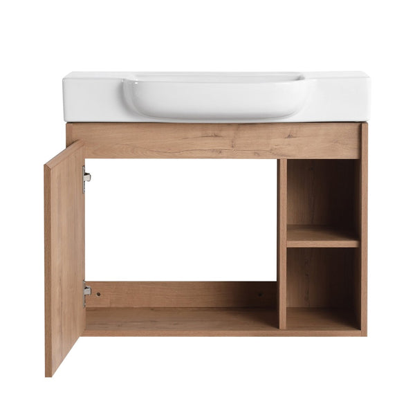English Elm 28'' Floating Bathroom Vanity with Ceramic Sink Soft Close Door Melamine Cabinet Imitative Oak W999P426637
