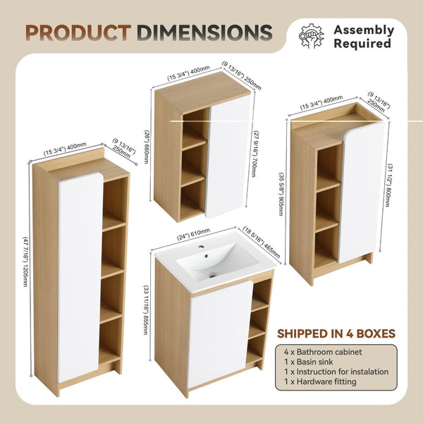 English Elm 4-piece Light Oak Bathroom Set with Ceramic Sink and Dual-tone Storage Cabinets W3450S00112