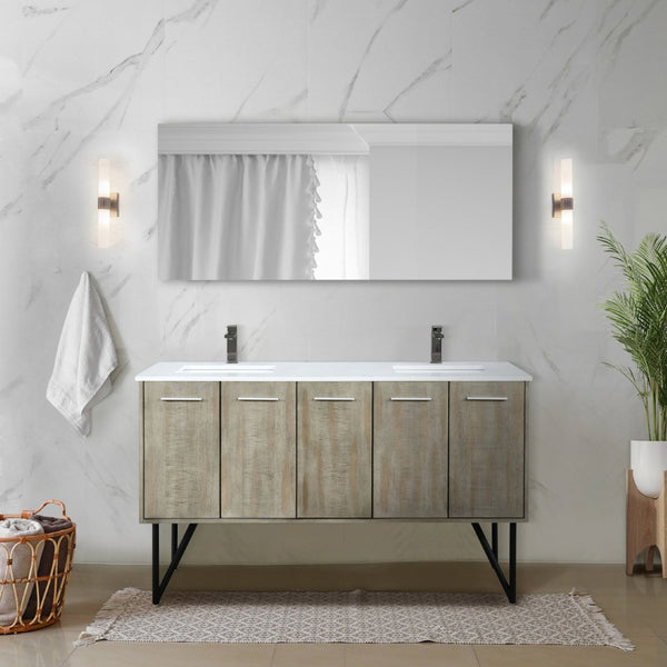 English Elm Rustic Acacia Double Bath Vanity With White Quartz Top, Gun Metal Faucet & Large 55 In. Mirror B2731S01669-GIGA