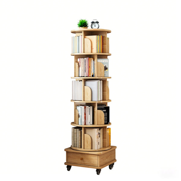 English Elm 6 Tier Rotating Bookshelf 360° Spinning Tower with Lockable Wheels, Drawer & Stable Base for Home Office Wood W3204P309484
