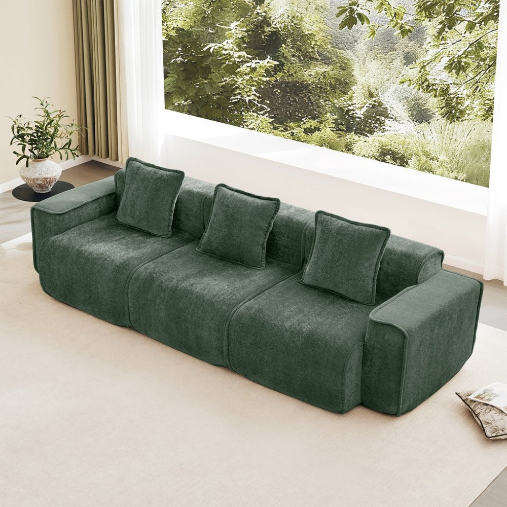 English Elm Streamlined Modular Cloud Sofa Three Seat Velvet Cushions with French Piping for Living Rooms Green W3041S00365