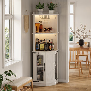 English Elm 67.3" Farmhouse Corner Bar Cabinet Led Lit Wine Storage with Built-in Power Outlets N735P361423K