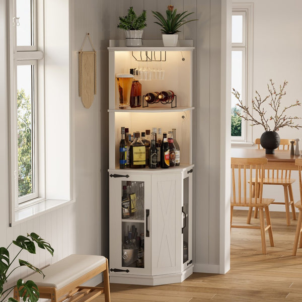 English Elm 67.3" Farmhouse Corner Bar Cabinet Led Lit Wine Storage with Built-in Power Outlets N735P361423K