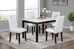English Elm Modern White and Espresso 5pc Dining Set with Faux Marble Top, Upholstered Faux Leather Chairs, Sleek Finish B011P373217