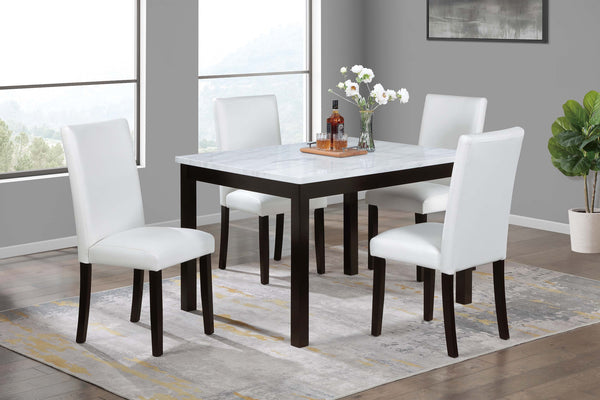 English Elm Modern White and Espresso 5pc Dining Set with Faux Marble Top, Upholstered Faux Leather Chairs, Sleek Finish B011P373217
