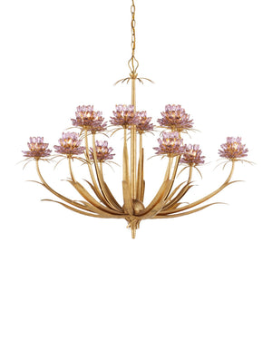 Currey & Company Marilee Medium Chandelier - Elegant Floral Design With Dutch Gold Leaf Finish & Crystal Accents Pink Crystal ,Wrought Iron 9000-1307-currey-company