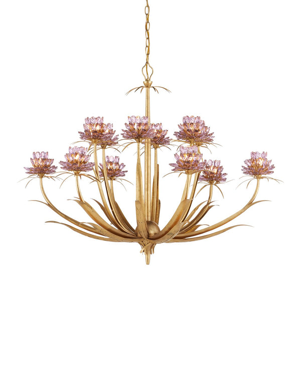 Currey & Company Marilee Medium Chandelier - Elegant Floral Design With Dutch Gold Leaf Finish & Crystal Accents Pink Crystal ,Wrought Iron 9000-1307-currey-company