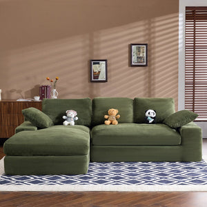 English Elm Green corduroy compressed sofa with 3 back cushions & 2 throw pillows — soft, resilient, space-saving comfort W3612S00016