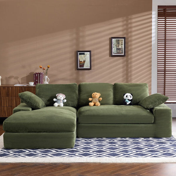 English Elm Green corduroy compressed sofa with 3 back cushions & 2 throw pillows — soft, resilient, space-saving comfort W3612S00016