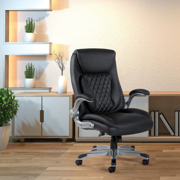 OSP Home Furnishings Executive Tufted Bonded Leather Office Chair with Lumbar Support and Flip up Arms Black ECH75137-EC3
