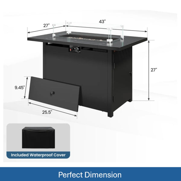 English Elm 43”width Outdoor Rectangular Propane Fire Pit Table with Iron Frame and Glass Shield B082P454964