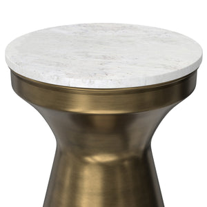 English Elm Raquel Antique Brass Side Table with White Marble Top — Handcrafted Iron Base, Multipurpose Accent (98) B136P262281