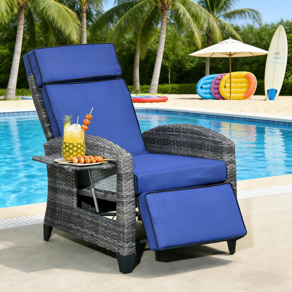 English Elm Reclining Pe Wicker Outdoor Lounge Chair with Footrest and Built-in Side Tray T3971P444413