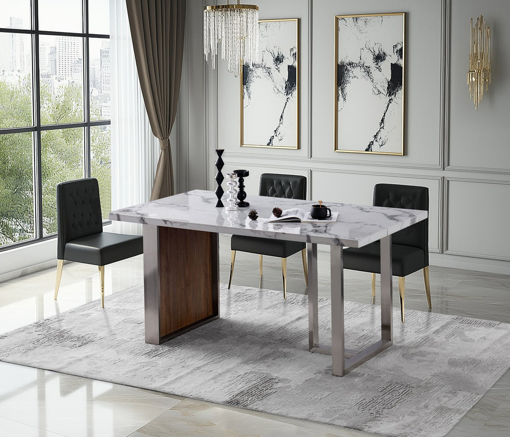 English Elm Elegant Imitation Marble Mdf Dining Table For 6-8, Modern Walnut & Stainless Steel, Easy Assembly W2213S00021