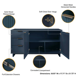 English Elm Granville 55" Sideboard with Solid Wood Ribbed Drawers, Gold Steel Handles & 3 Concealed Shelves Dark Blue B365S00117