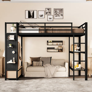 English Elm Full Size Loft Bed Frame With Integrated Wardrobe, Storage Shelves, And Pegboard For Smart Living W1580S00232