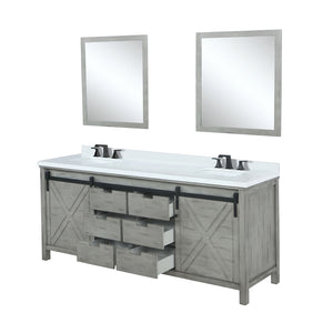 English Elm Ash Grey Double Bath Vanity 84" W x 22" D with White Quartz Top, Matte Black Faucets & 34" Mirrors B2731S01082