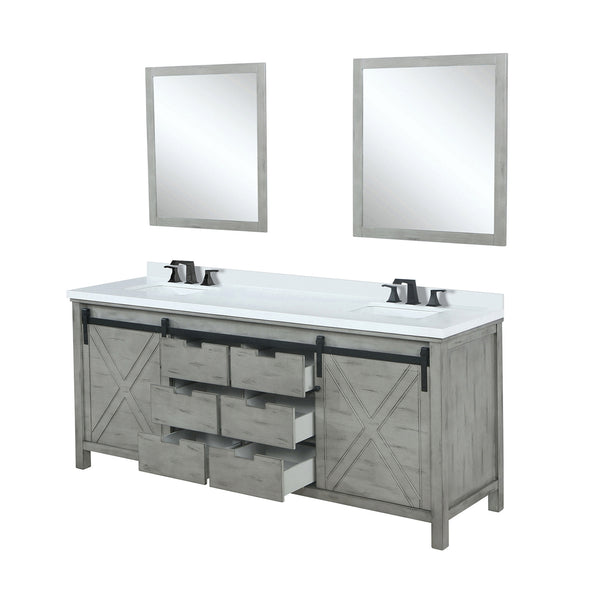English Elm Ash Grey Double Bath Vanity 84" W x 22" D with White Quartz Top, Matte Black Faucets & 34" Mirrors B2731S01082