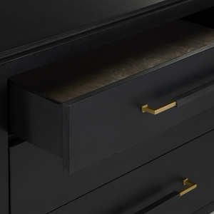 Verona Black Three-Drawer Chest - Elegant Lacquered Linen Design with Champagne Metal Accents