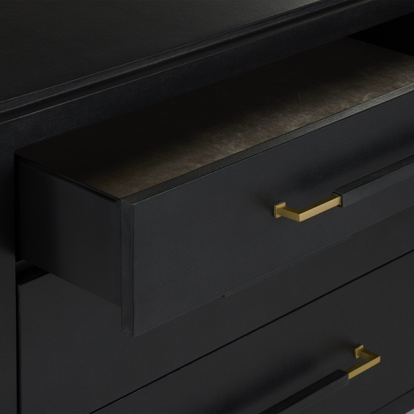 Verona Black Three-Drawer Chest - Elegant Lacquered Linen Design with Champagne Metal Accents
