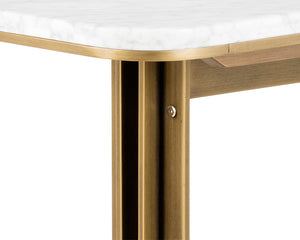Sunpan Ambrosia 79" Art Deco Dining Table with White Marble Top & Antique Brass Base, Seats 6 Comfortably