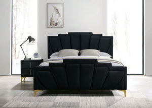 English Elm Glam Plush Flannelette Queen Bed with Shell Tufting and Padded Headboard on Metal Legs for Style Black,Gold 84 L x 15 W x 7 H B2741S00331