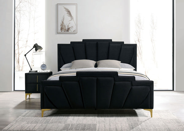 English Elm Glam Plush Flannelette Queen Bed with Shell Tufting and Padded Headboard on Metal Legs for Style Black,Gold 84 L x 15 W x 7 H B2741S00331