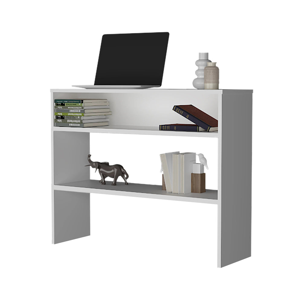 English Elm White Console Table with Open Shelves Modern Minimalist Desk 39.3" Wide White Finish for Display & Storage, Compact Elegance B062P252154