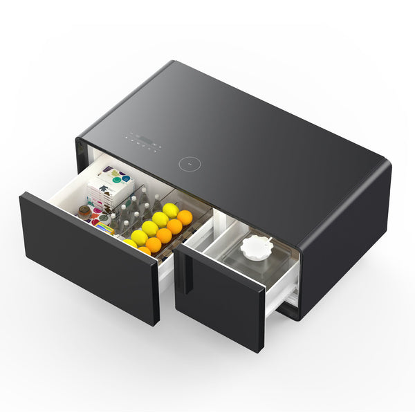 English Elm Modern Smart Coffee Table With Fridge, Bluetooth Speaker, Wireless Charging & Touch Controls, Black W1172P175395