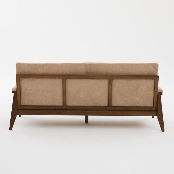 English Elm Mid-century Modern Boucle Upholstered Three Seat Sofa with Walnut Finish Wood Legs Camel N773P411407N