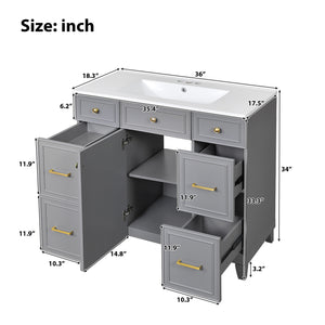 English Elm 36" 36-inch Transitional Bathroom Vanity with Ceramic Basin, Solid Wood Frame, Soft-Close Storage Elegance Grey N729P255663E