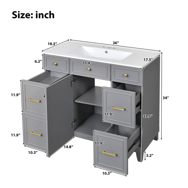 English Elm 36" 36-inch Transitional Bathroom Vanity with Ceramic Basin, Solid Wood Frame, Soft-Close Storage Elegance Grey N729P255663E