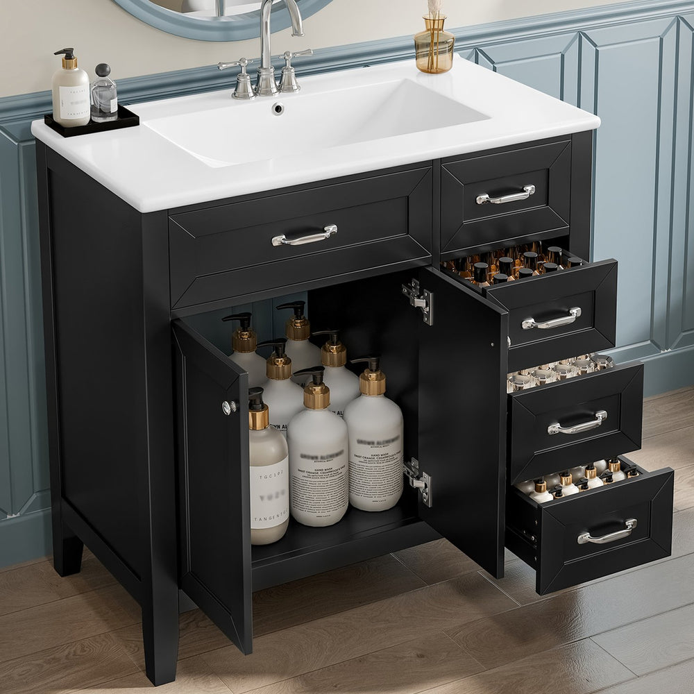 English Elm 36" Modern Bathroom Vanity With Sink Combo, Sleek Black Cabinet, Durable Storage & Stylish Design N725P246491B
